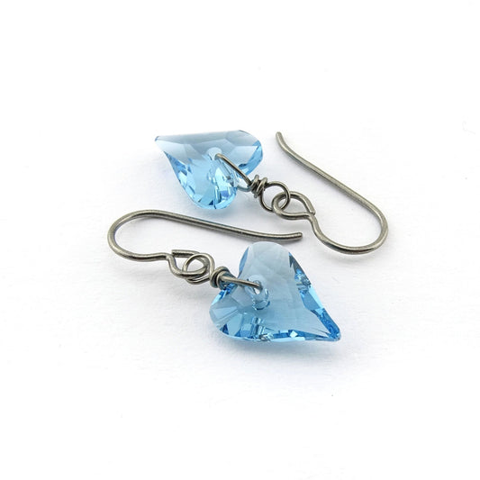 Aqua Blue Love Heart Niobium Earrings, Swarovski Crystal Titanium Earrings for Sensitive Ears Aquamarine Hypoallergenic Nickel Free Earrings