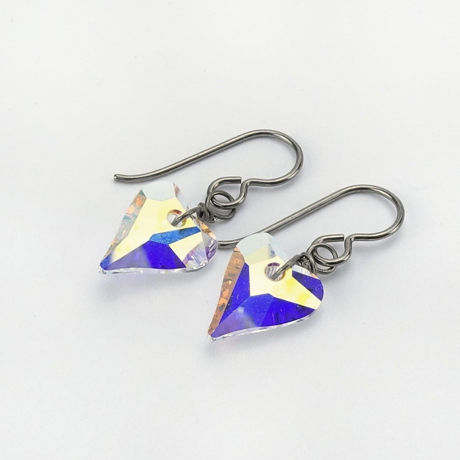 Aurora Borealis Swarovski Love Heart Titanium Earrings, Niobium Wire Wrapped Crystal, Hypoallergenic Nickel Free Earrings for Sensitive Ears