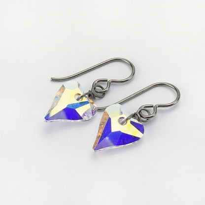 Aurora Borealis Swarovski Love Heart Titanium Earrings, Niobium Wire Wrapped Crystal, Hypoallergenic Nickel Free Earrings for Sensitive Ears