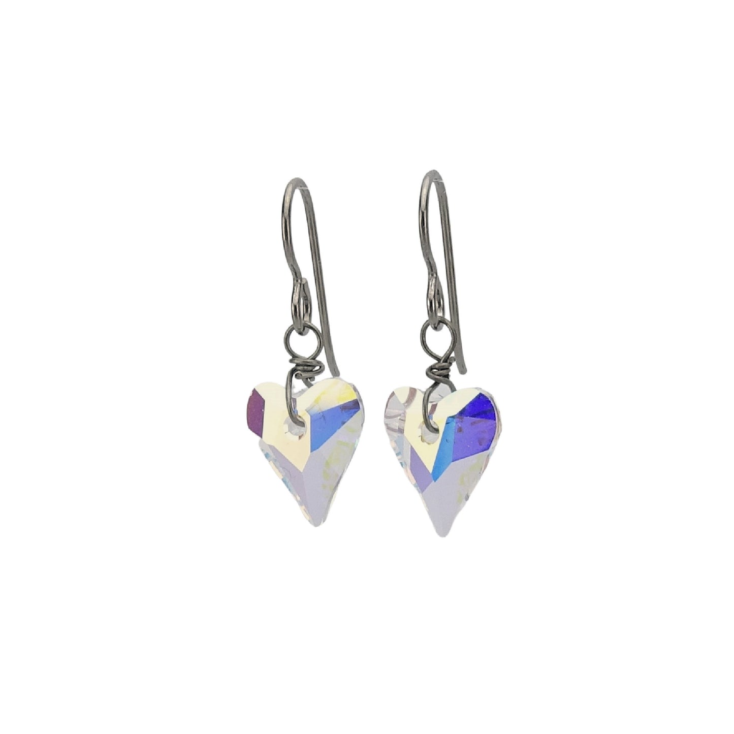 Aurora Borealis Swarovski Love Heart Titanium Earrings, Niobium Wire Wrapped Crystal, Hypoallergenic Nickel Free Earrings for Sensitive Ears