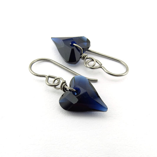 Deep Blue Love Heart Niobium Earrings, Dark Indigo Swarovski Crystal, Hypoallergenic Nickel Free Titanium Earrings for Sensitive Ears