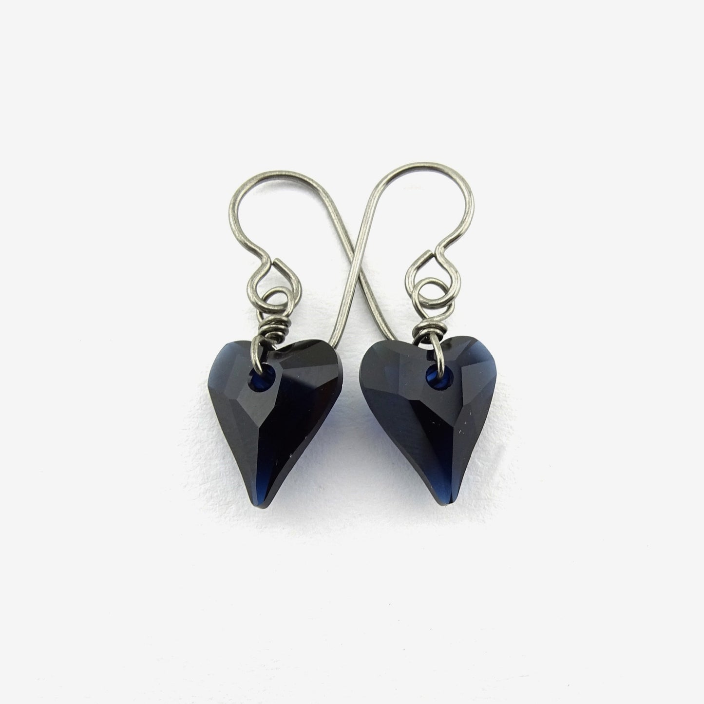 Deep Blue Love Heart Niobium Earrings, Dark Indigo Swarovski Crystal, Hypoallergenic Nickel Free Titanium Earrings for Sensitive Ears