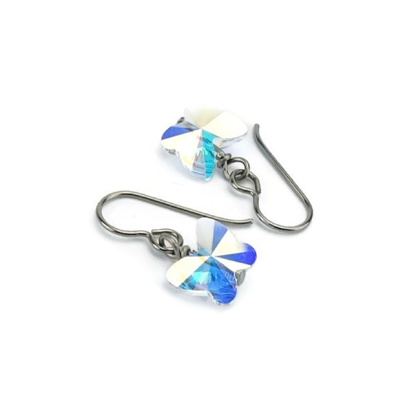 Titanium Earrings Aurora Borealis Crystal Butterfly, Clear Aurora Borealis Crystal Swarovski Butterfly Sensitive Ears Earrings for Girls