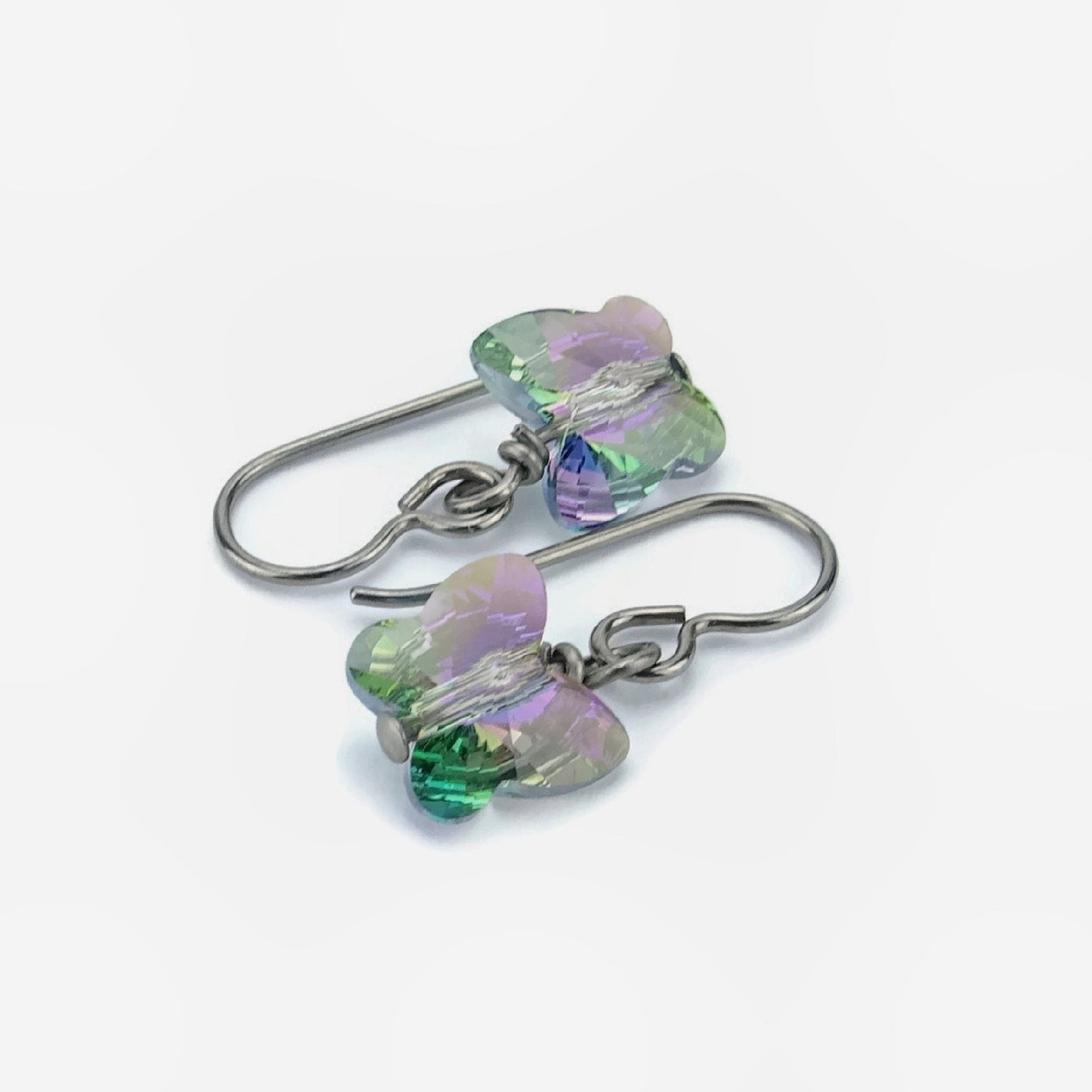 Purple Green Crystal Butterfly Titanium Earrings, Paradise Shine Swarovski Crystal Butterflies Niobium Sensitive Ears Earrings, Nickel Free