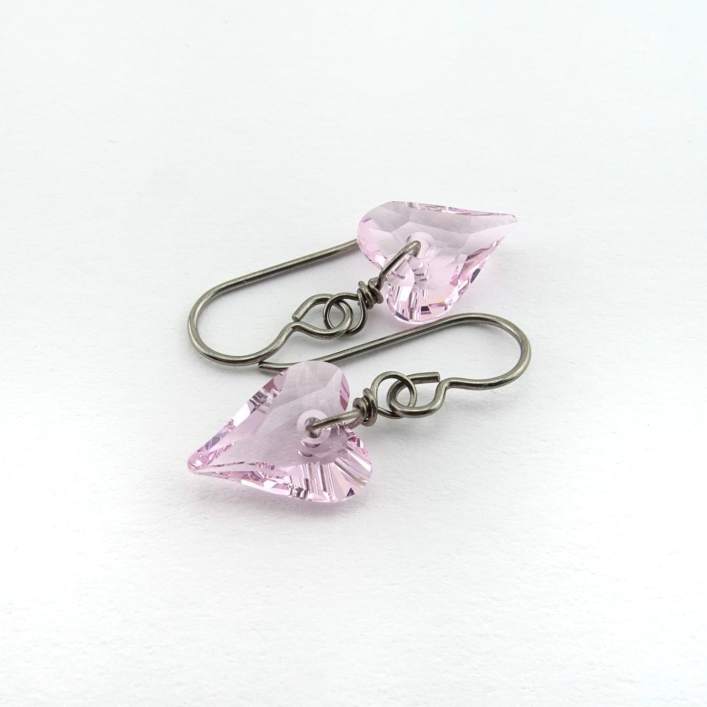 Rosaline Pink Heart Titanium Earrings, Love Heart Swarovski Crystal Niobium Earrings for Sensitive Ears, Hypoallergenic Nickel Free Earrings