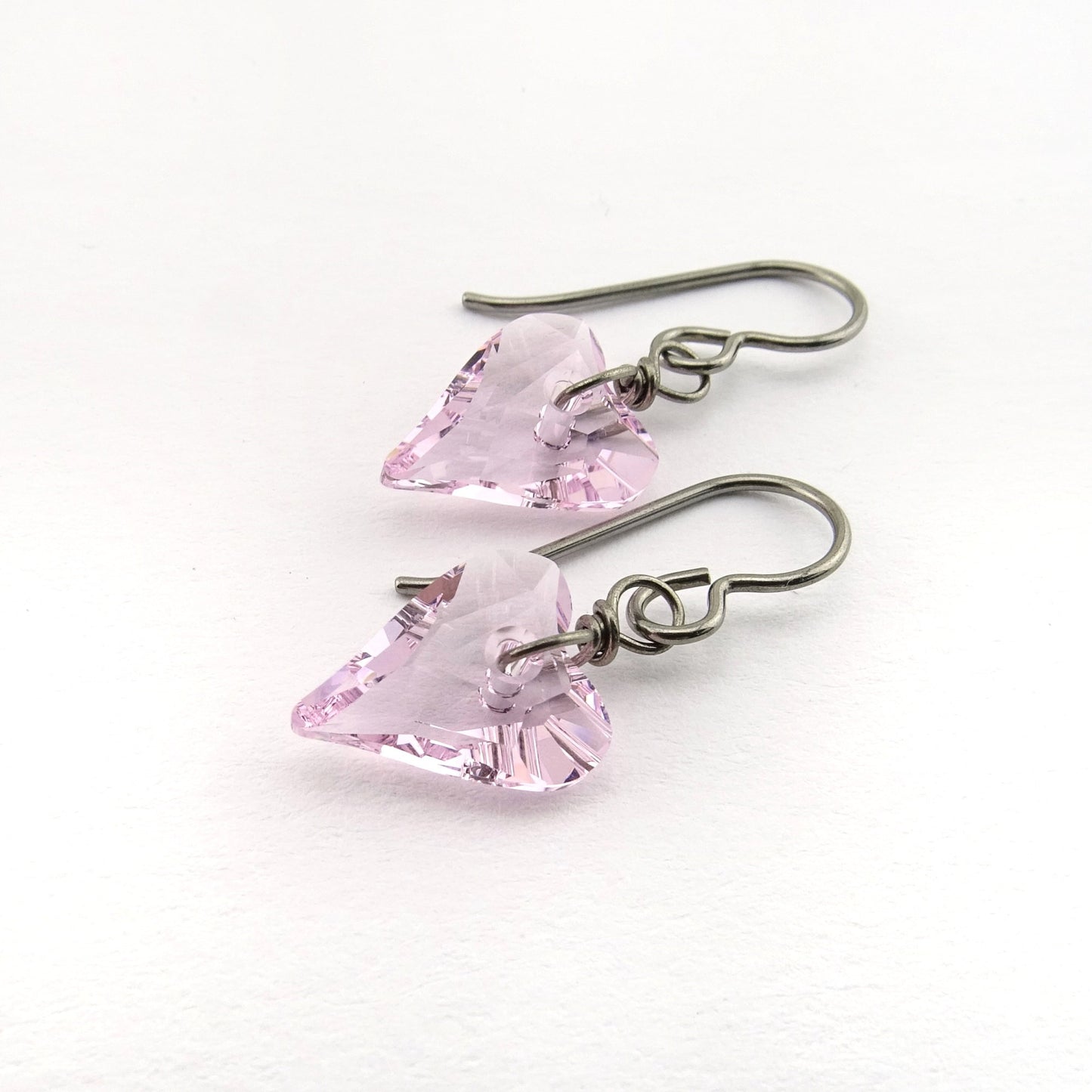 Rosaline Pink Heart Titanium Earrings, Love Heart Swarovski Crystal Niobium Earrings for Sensitive Ears, Hypoallergenic Nickel Free Earrings