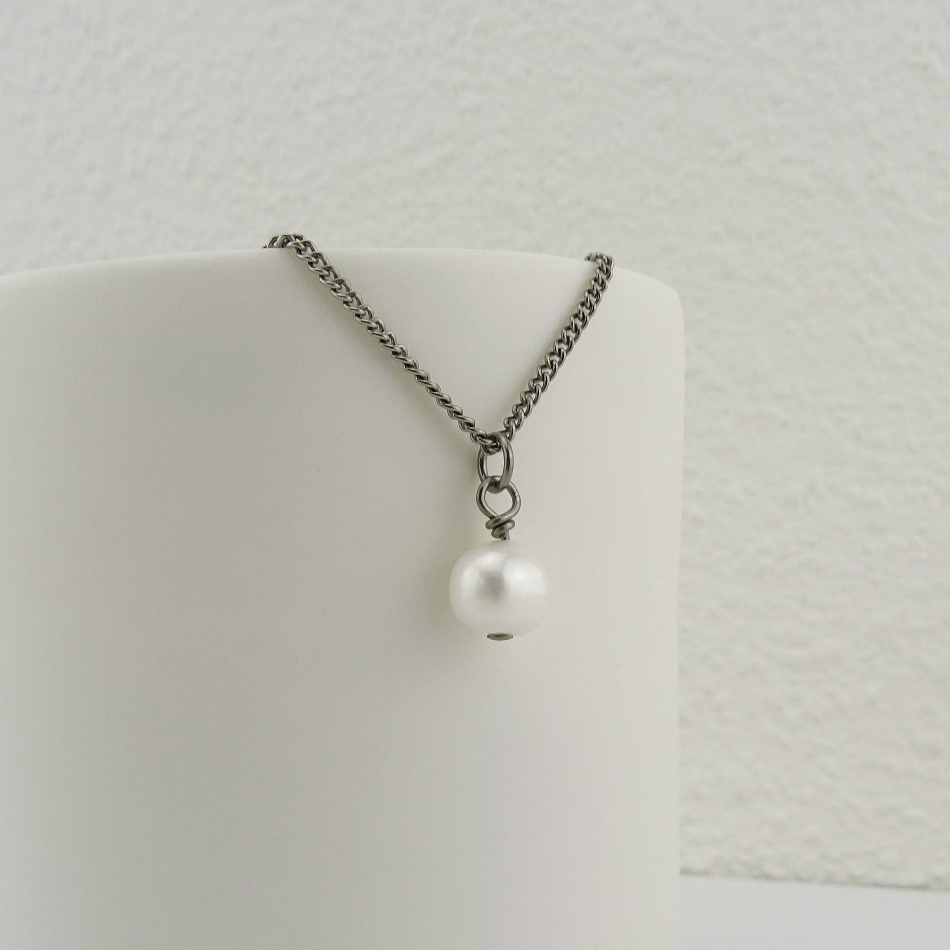 White Pearl Pendant Titanium Necklace, Real Pearl Necklace for Sensitive Skin, Freshwater Pearl Titanium Jewelry, Hypoallergenic Nickel Free