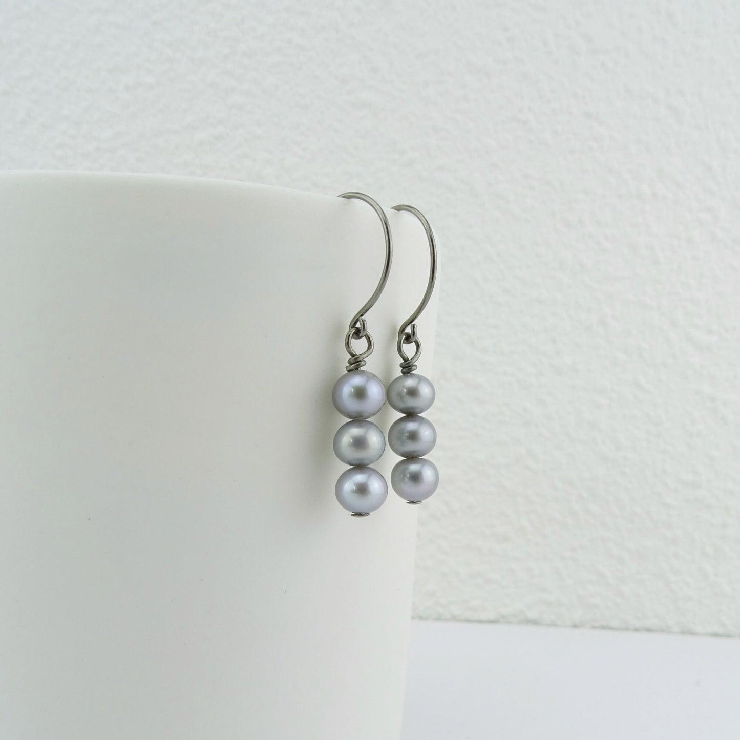 Triple Gray Pearl Niobium Earrings, Grey Freshwater Pearls Titanium Earrings, Hypoallergenic Hoop Nickel Free Earrings for Sensitive Ears