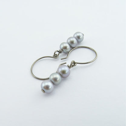 Triple Gray Pearl Niobium Earrings, Grey Freshwater Pearls Titanium Earrings, Hypoallergenic Hoop Nickel Free Earrings for Sensitive Ears