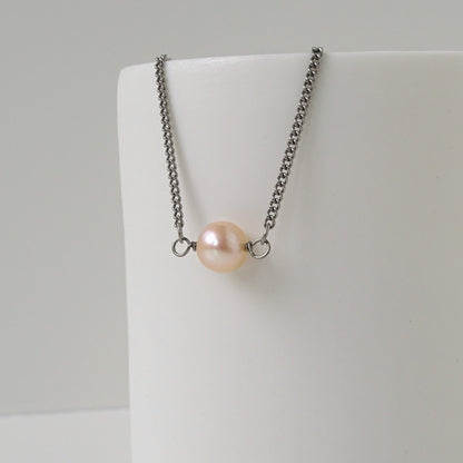 Single Pink Pearl Titanium Necklace, Niobium Wire Wrapped Freshwater Pearl, Nickel Free Necklace for Sensitive Skin, Hypoallergenic Jewelry