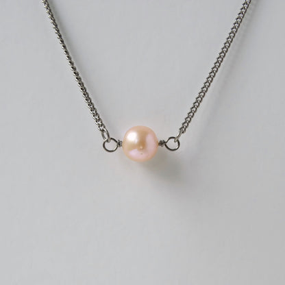 Single Pink Pearl Titanium Necklace, Niobium Wire Wrapped Freshwater Pearl, Nickel Free Necklace for Sensitive Skin, Hypoallergenic Jewelry