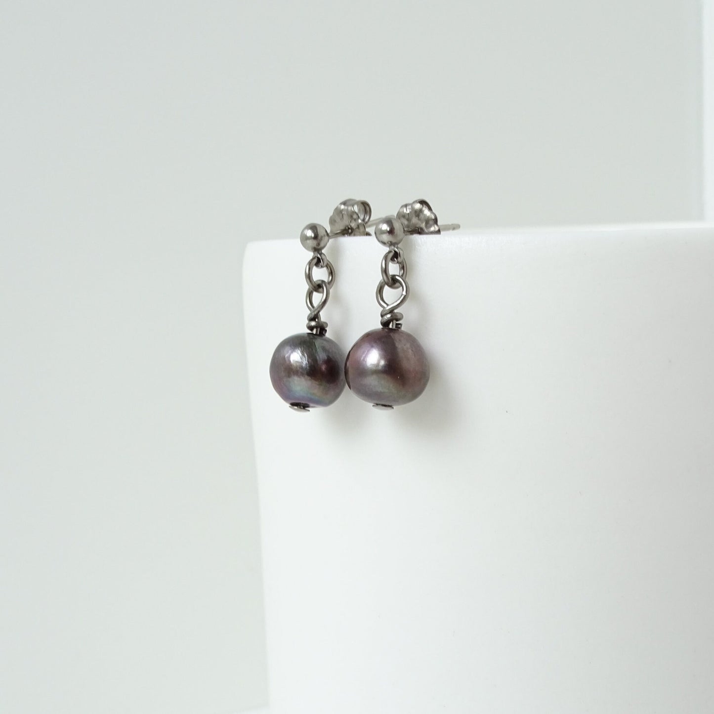 Black Pearl Dangle Ball Stud Earrings, Titanium Posts Earrings for Sensitive Ears, Freshwater Pearls Hypoallergenic Nickel Free Earrings