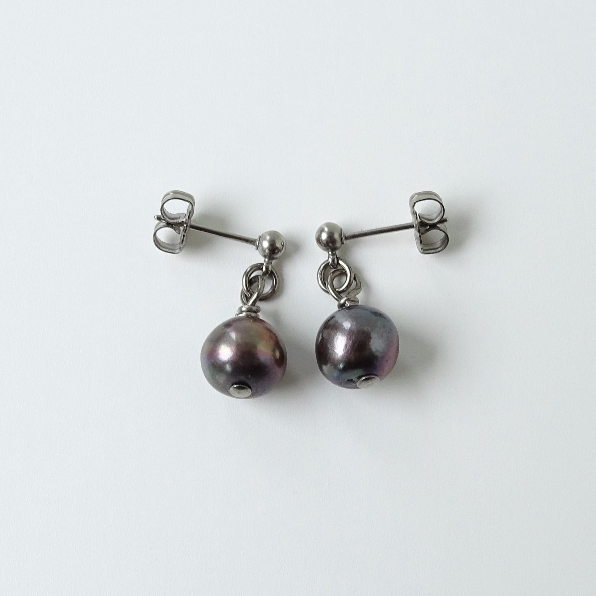 Black Pearl Dangle Ball Stud Earrings, Titanium Posts Earrings for Sensitive Ears, Freshwater Pearls Hypoallergenic Nickel Free Earrings