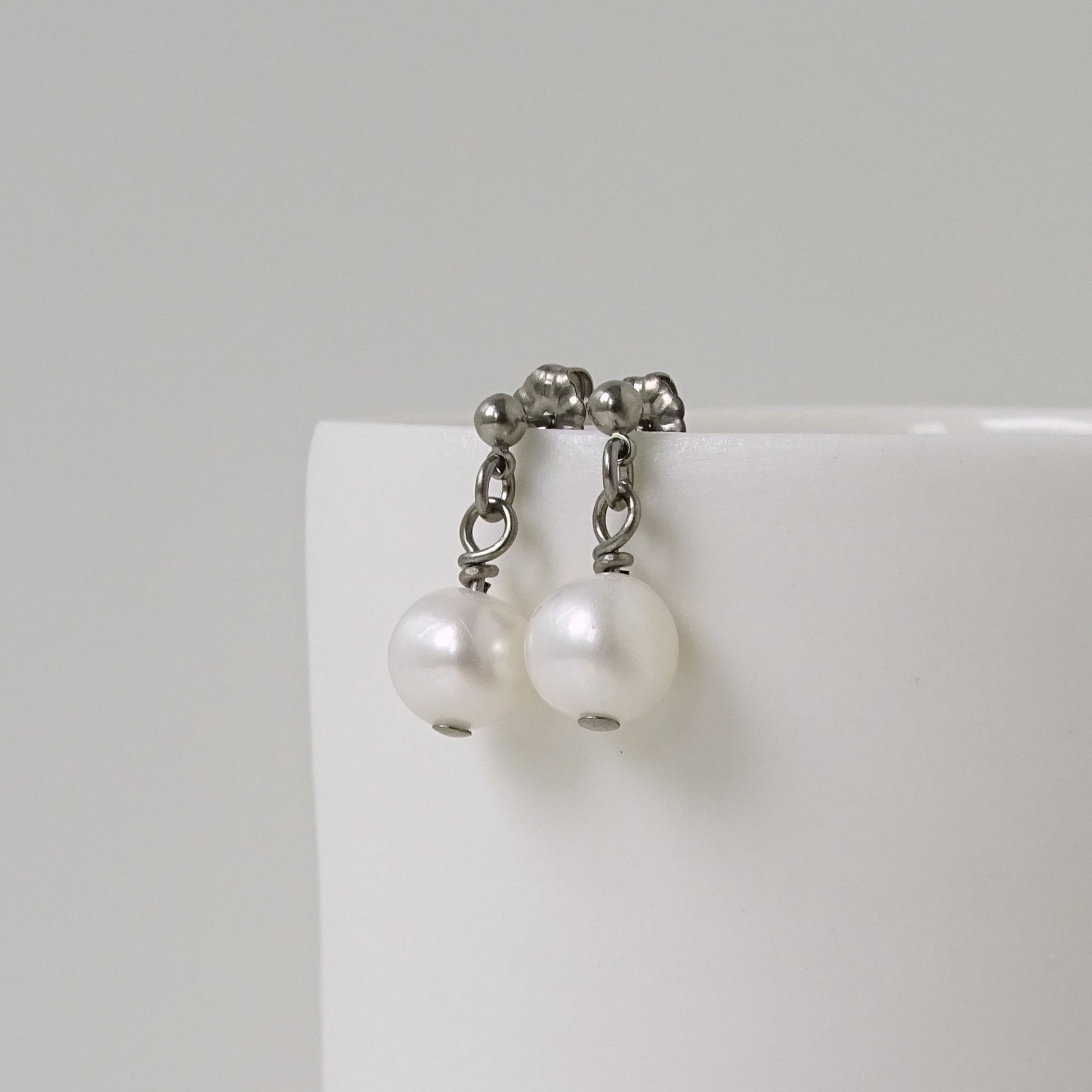 White Pearl Dangle Ball Stud Earrings, Titanium Posts Earrings for Sensitive Ears Freshwater Pearls Hypoallergenic Nickel Free Earrings