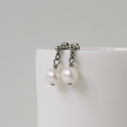 White Pearl Dangle Ball Stud Earrings, Titanium Posts Earrings for Sensitive Ears Freshwater Pearls Hypoallergenic Nickel Free Earrings