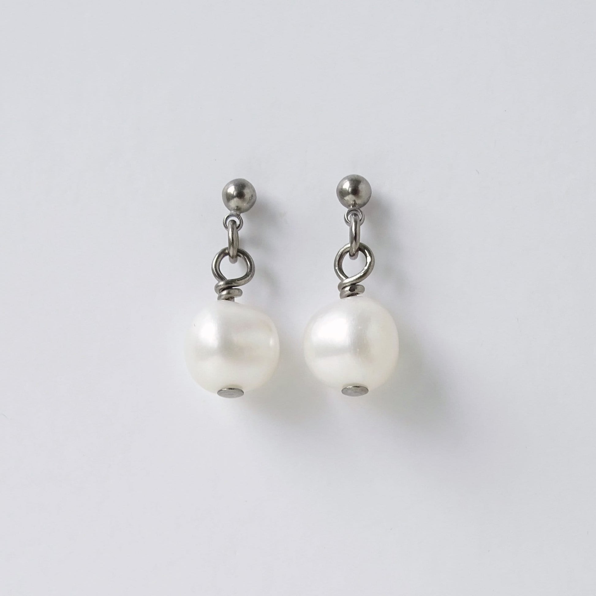 White Pearl Dangle Ball Stud Earrings, Titanium Posts Earrings for Sensitive Ears Freshwater Pearls Hypoallergenic Nickel Free Earrings