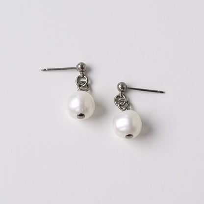 White Pearl Dangle Ball Stud Earrings, Titanium Posts Earrings for Sensitive Ears Freshwater Pearls Hypoallergenic Nickel Free Earrings