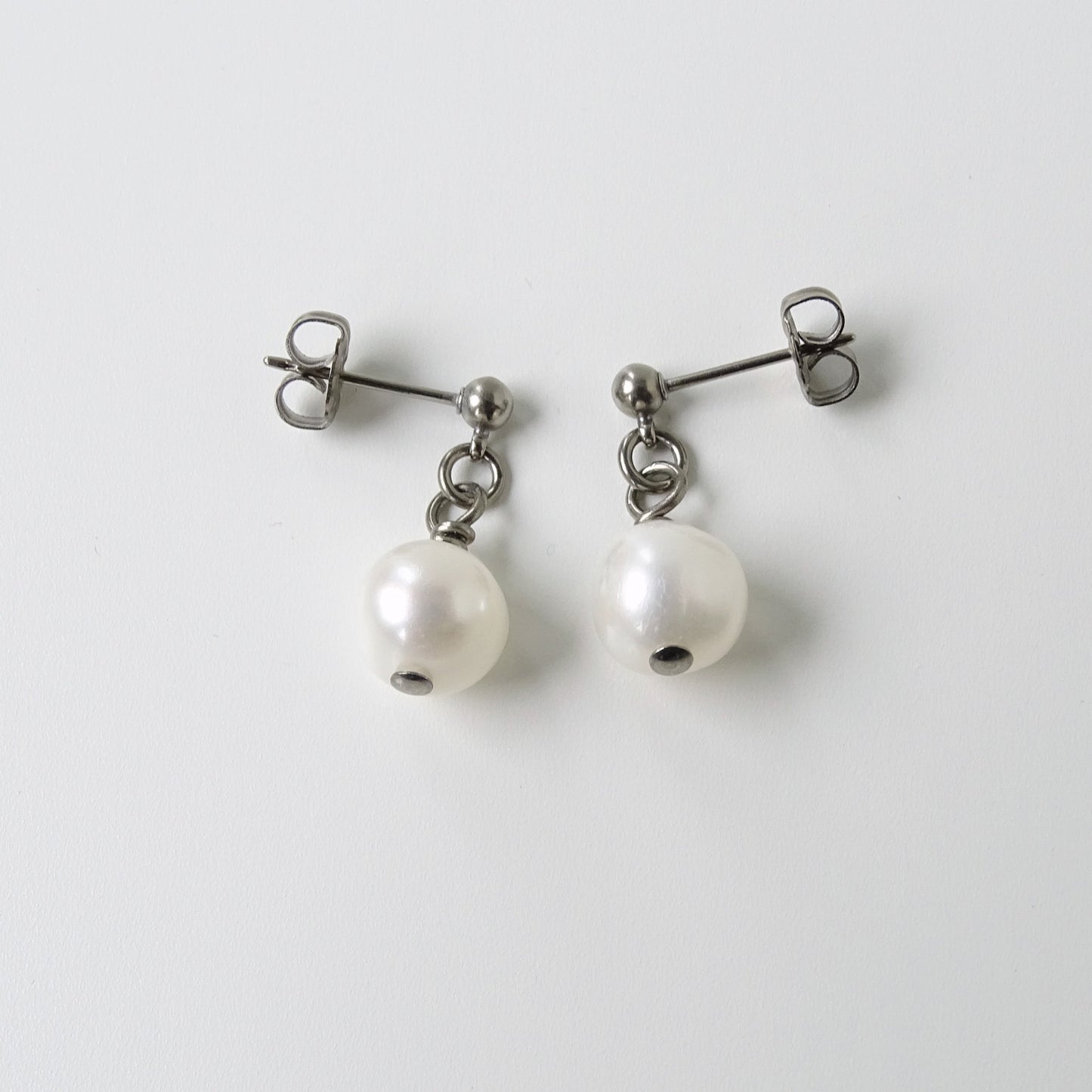 White Pearl Dangle Ball Stud Earrings, Titanium Posts Earrings for Sensitive Ears Freshwater Pearls Hypoallergenic Nickel Free Earrings