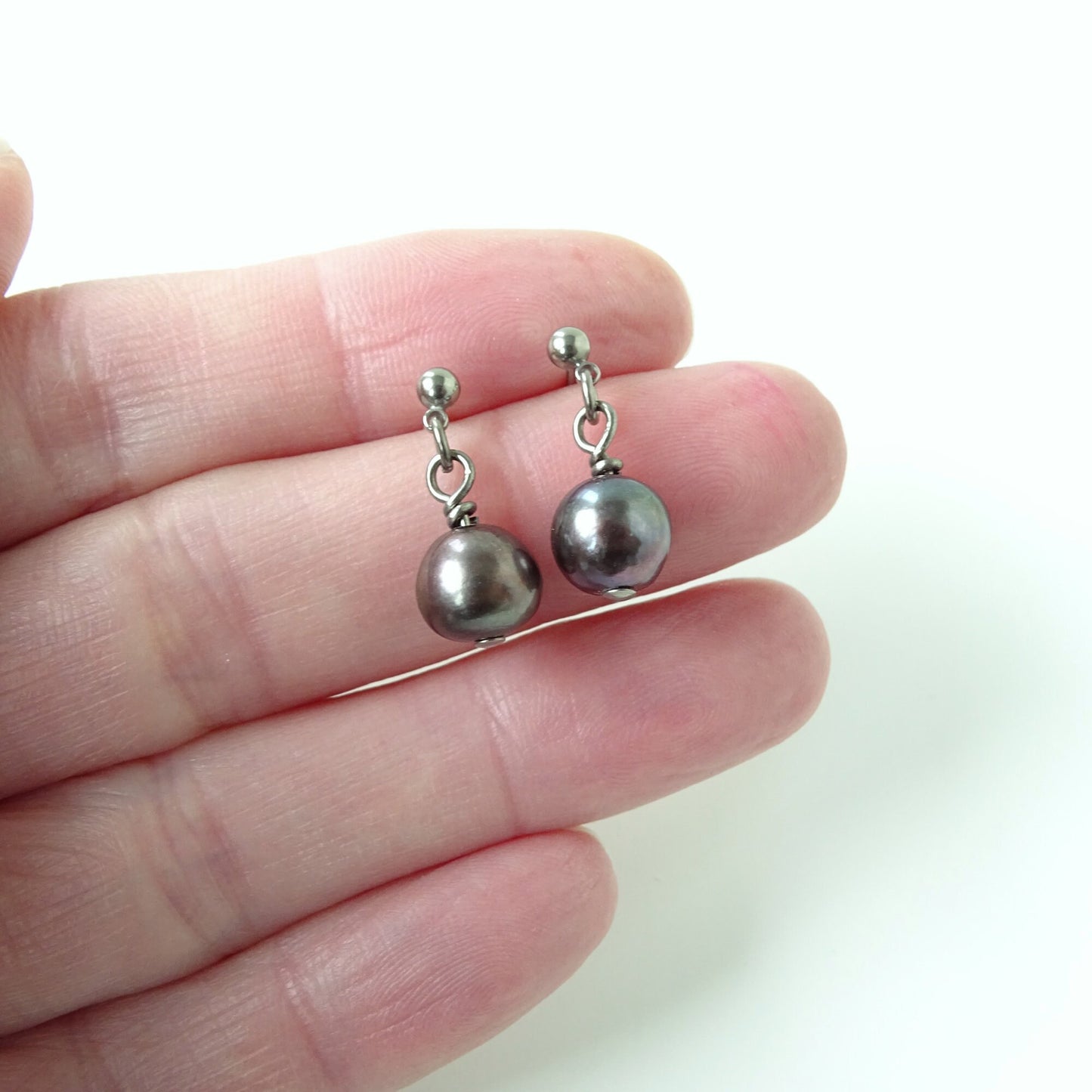 Black Pearl Dangle Ball Stud Earrings, Titanium Posts Earrings for Sensitive Ears, Freshwater Pearls Hypoallergenic Nickel Free Earrings