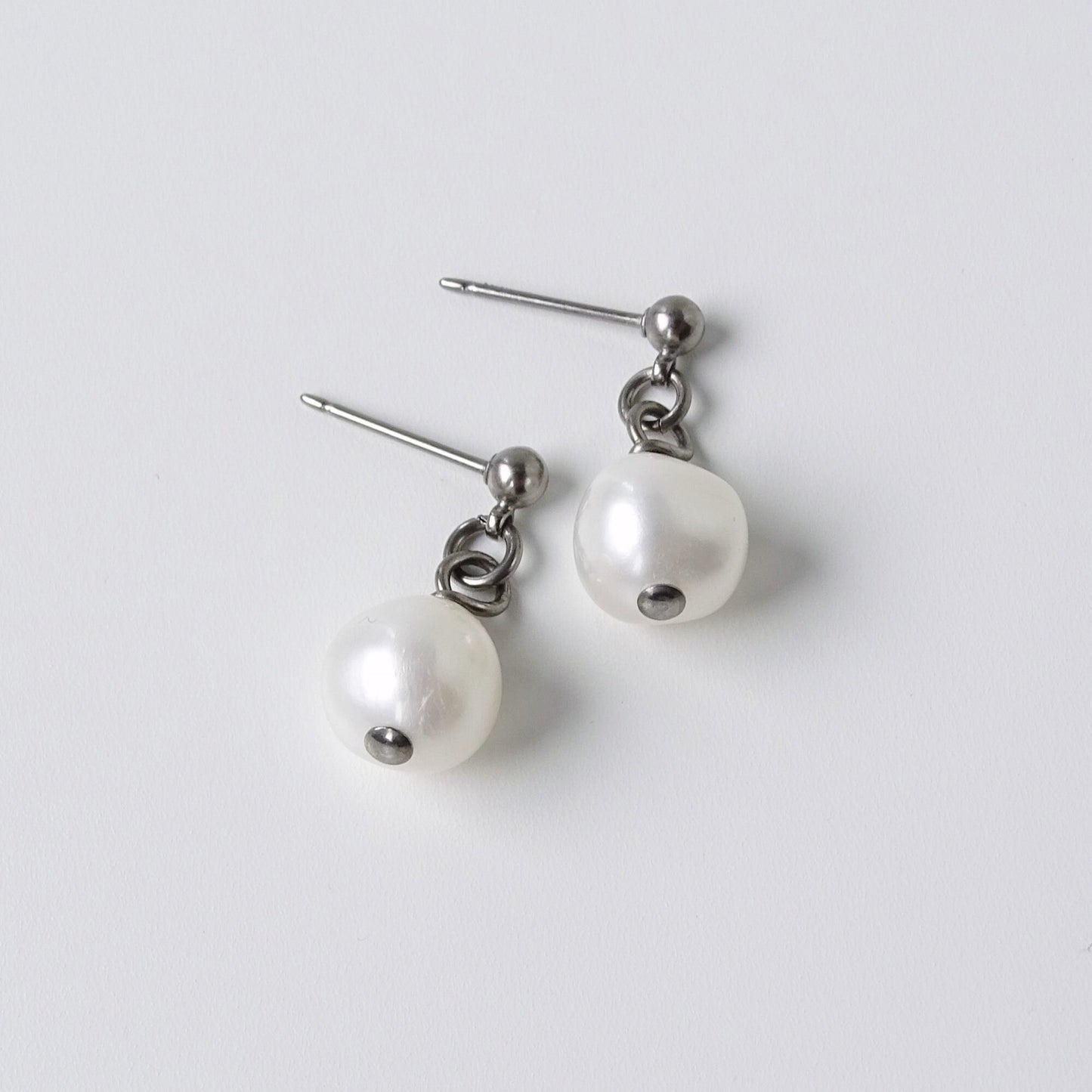 White Pearl Dangle Ball Stud Earrings, Titanium Posts Earrings for Sensitive Ears Freshwater Pearls Hypoallergenic Nickel Free Earrings