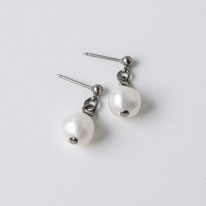 White Pearl Dangle Ball Stud Earrings, Titanium Posts Earrings for Sensitive Ears Freshwater Pearls Hypoallergenic Nickel Free Earrings