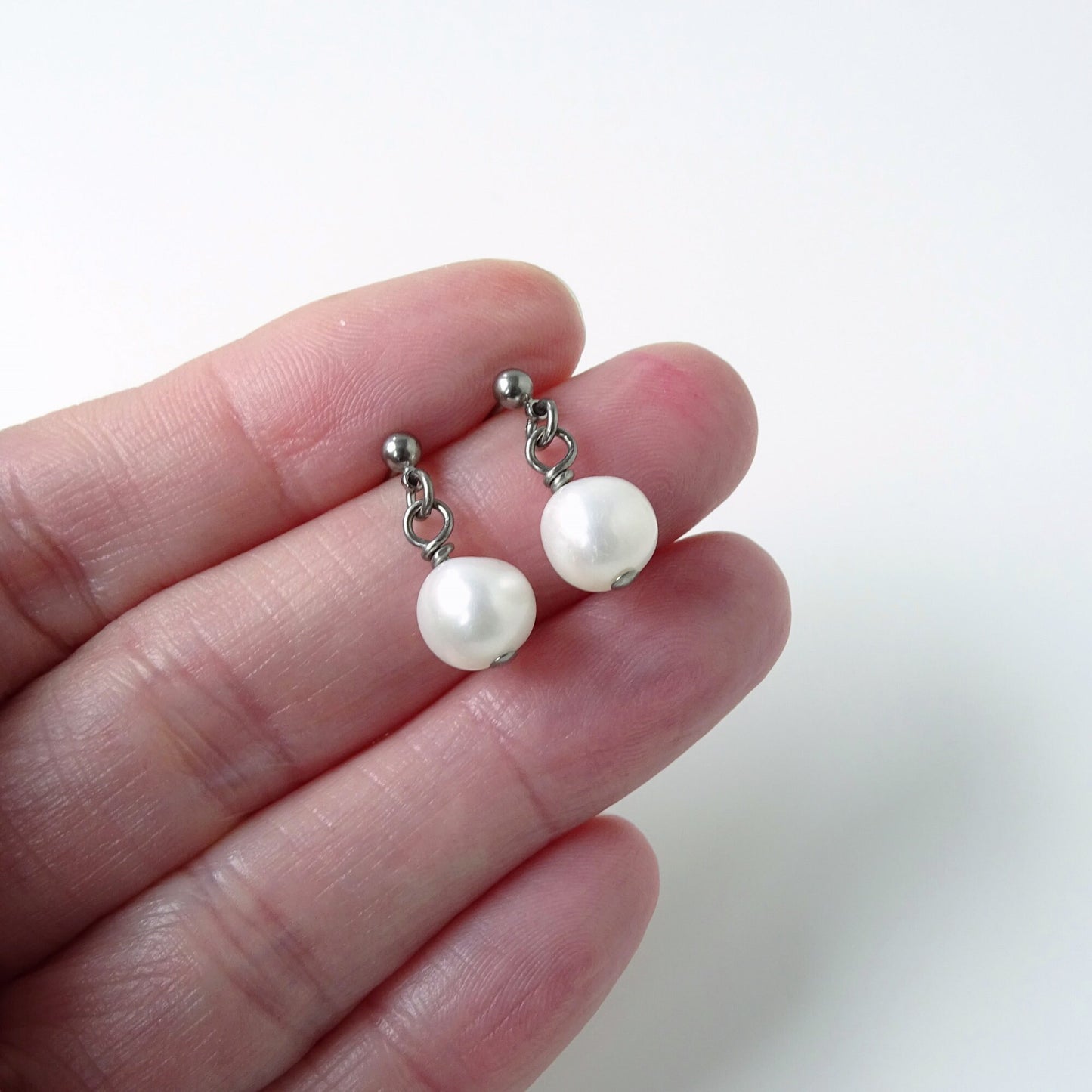 White Pearl Dangle Ball Stud Earrings, Titanium Posts Earrings for Sensitive Ears Freshwater Pearls Hypoallergenic Nickel Free Earrings