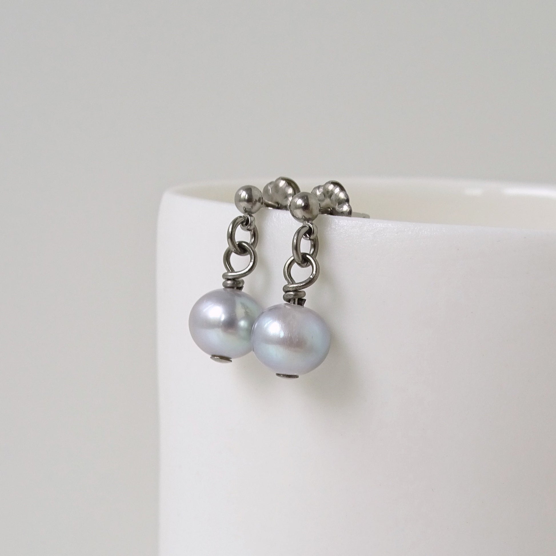 Gray Pearl Dangle Ball Stud Earrings, Titanium Posts Earrings for Sensitive Ears Freshwater Pearls Hypoallergenic Nickel Free Earrings