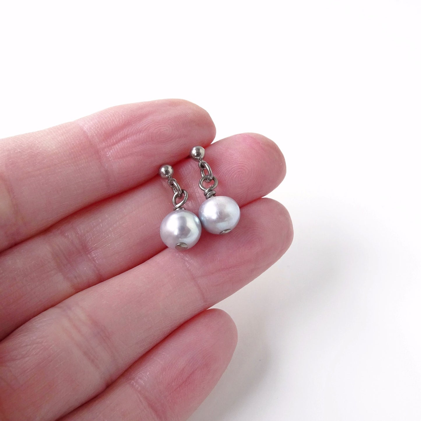 Gray Pearl Dangle Ball Stud Earrings, Titanium Posts Earrings for Sensitive Ears Freshwater Pearls Hypoallergenic Nickel Free Earrings