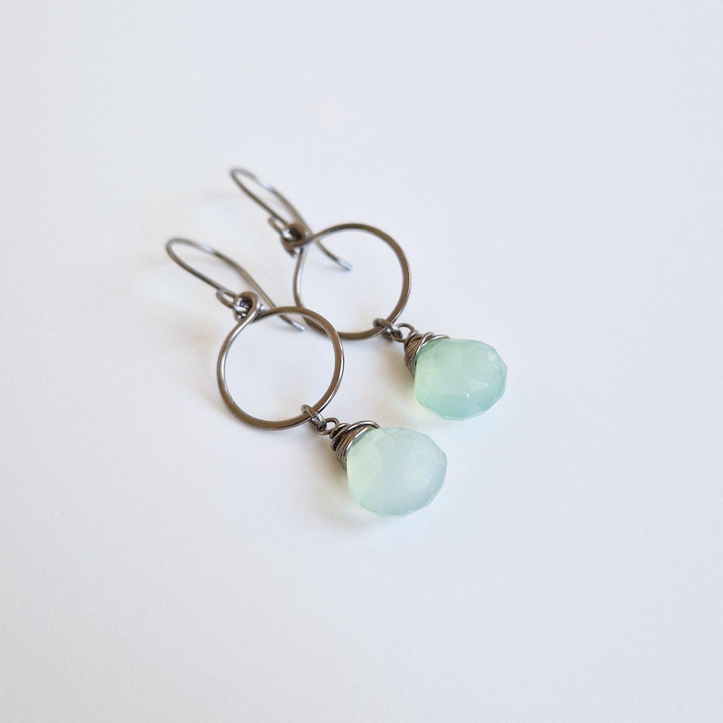 Green Chalcedony Dangle Hoop Titanium Earrings