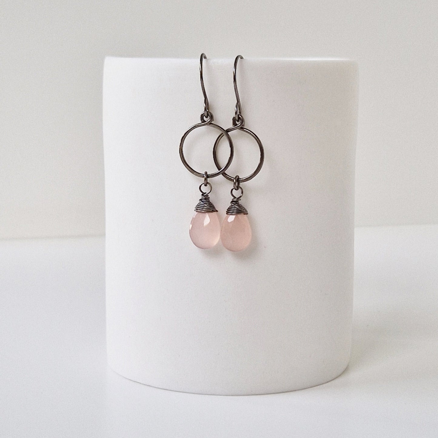 Pink Chalcedony Dangle Hoop Titanium Earrings