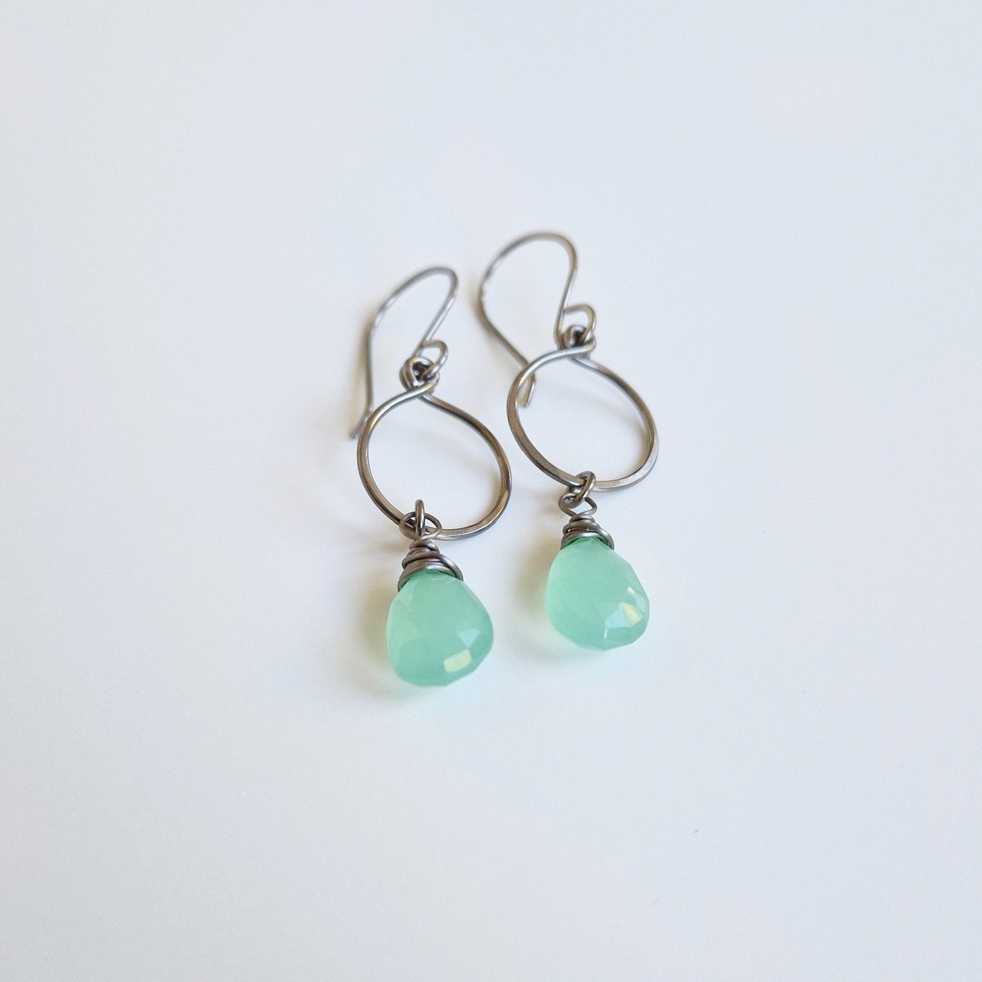 Mint Green Chalcedony Dangle Hoop Titanium Earrings