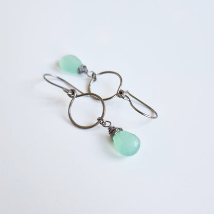 Mint Green Chalcedony Dangle Hoop Titanium Earrings