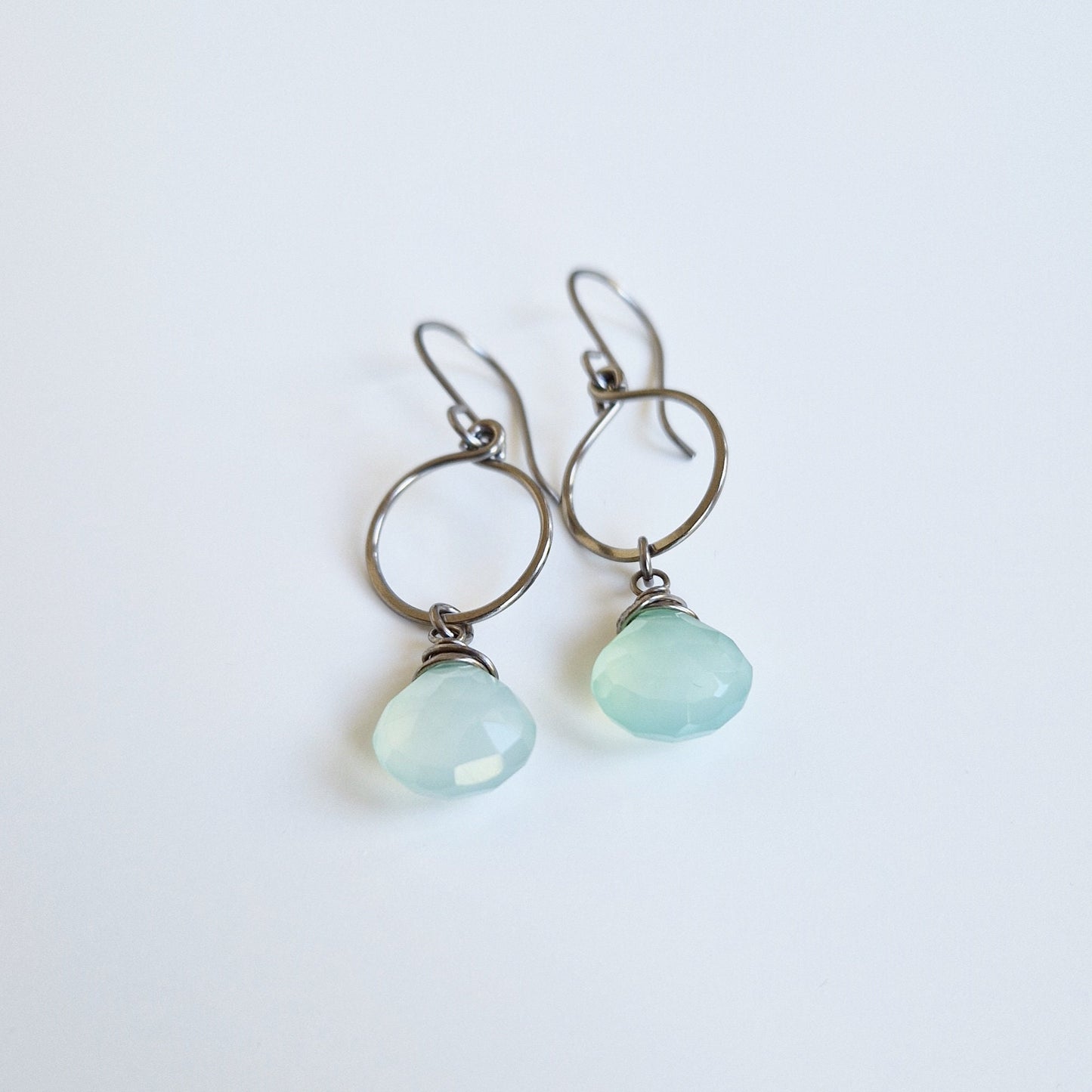 Green Chalcedony Dangle Hoop Titanium Earrings