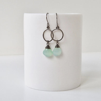 Green Chalcedony Dangle Hoop Titanium Earrings