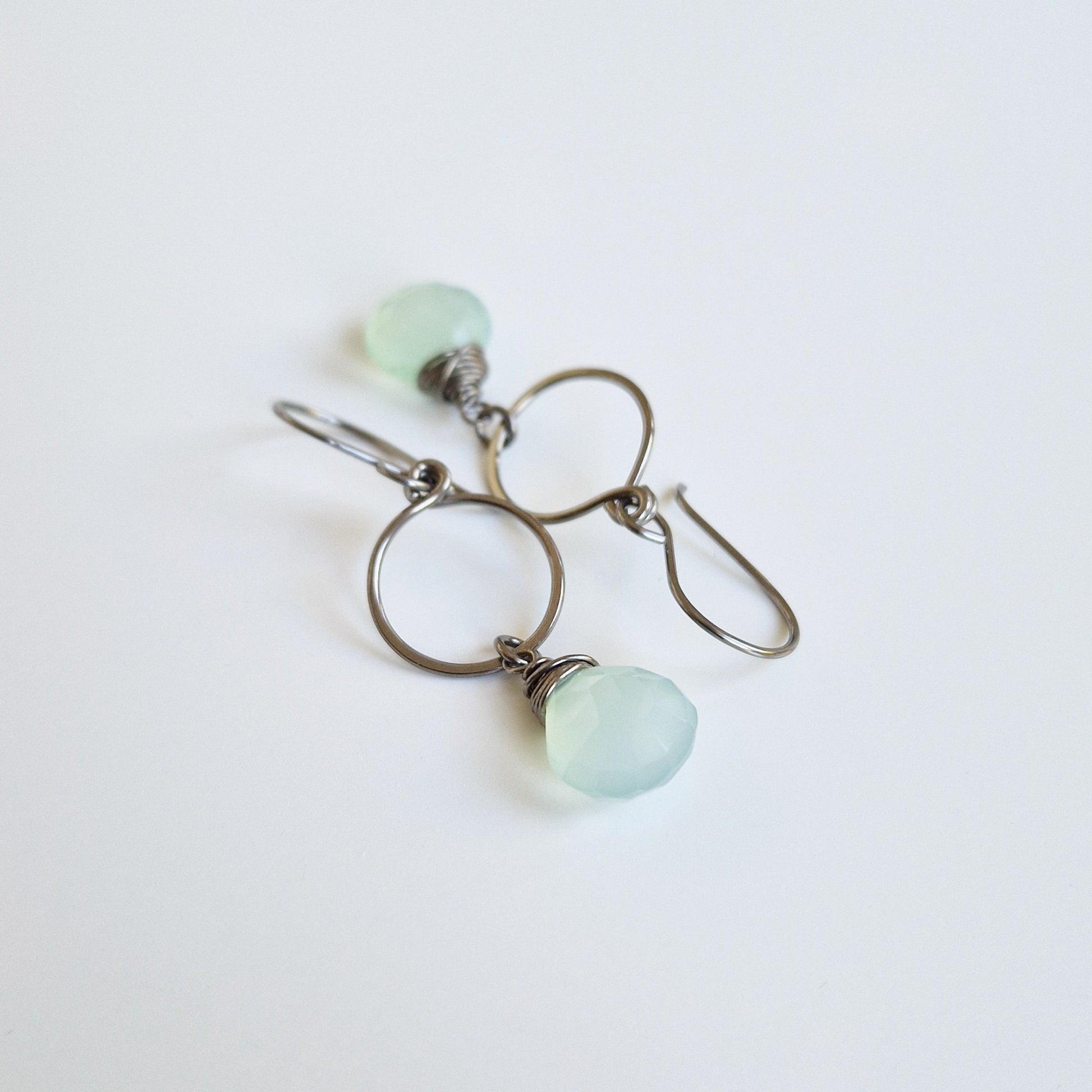 Green Chalcedony Dangle Hoop Titanium Earrings