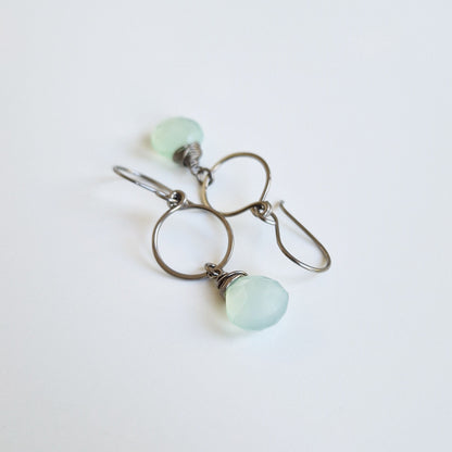 Green Chalcedony Dangle Hoop Titanium Earrings