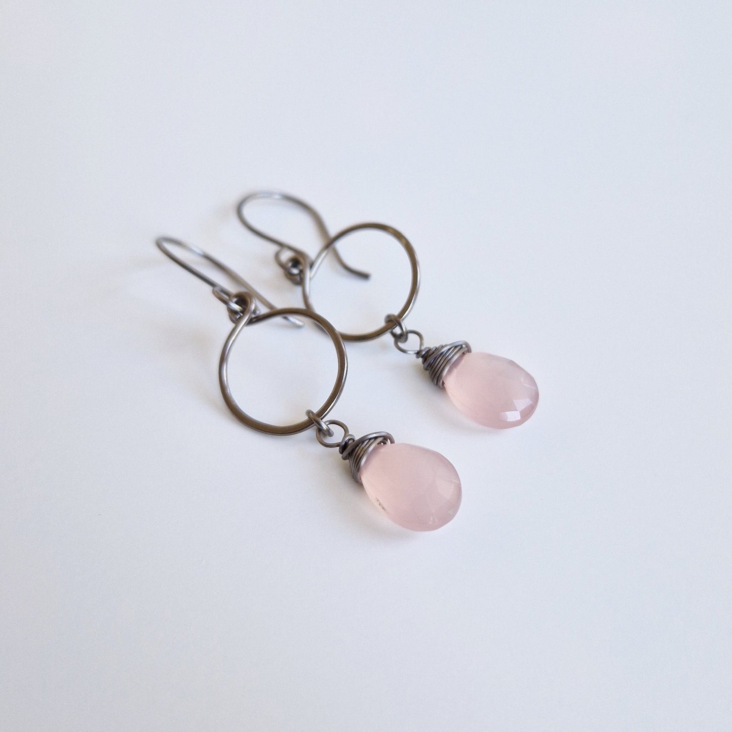 Pink Chalcedony Dangle Hoop Titanium Earrings