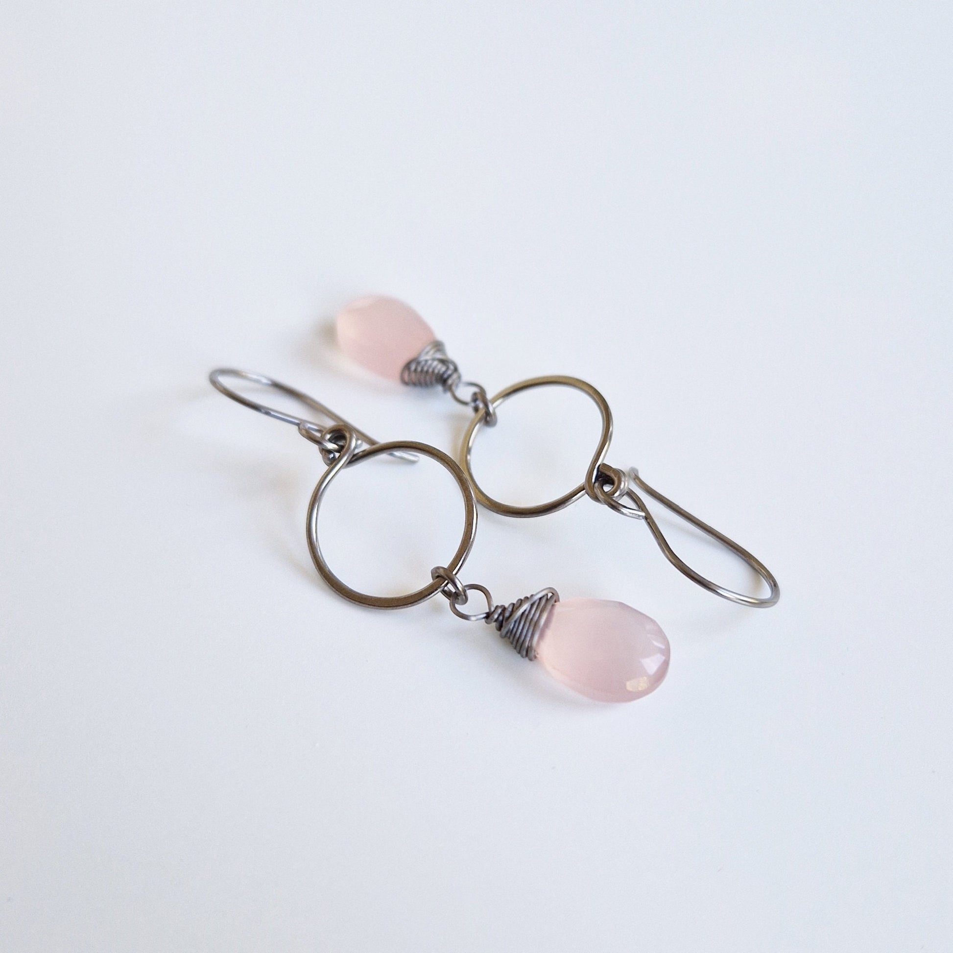 Pink Chalcedony Dangle Hoop Titanium Earrings