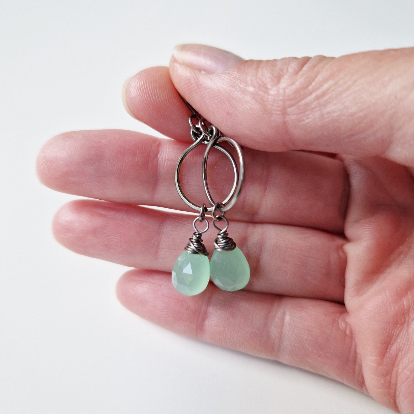 Mint Green Chalcedony Dangle Hoop Titanium Earrings