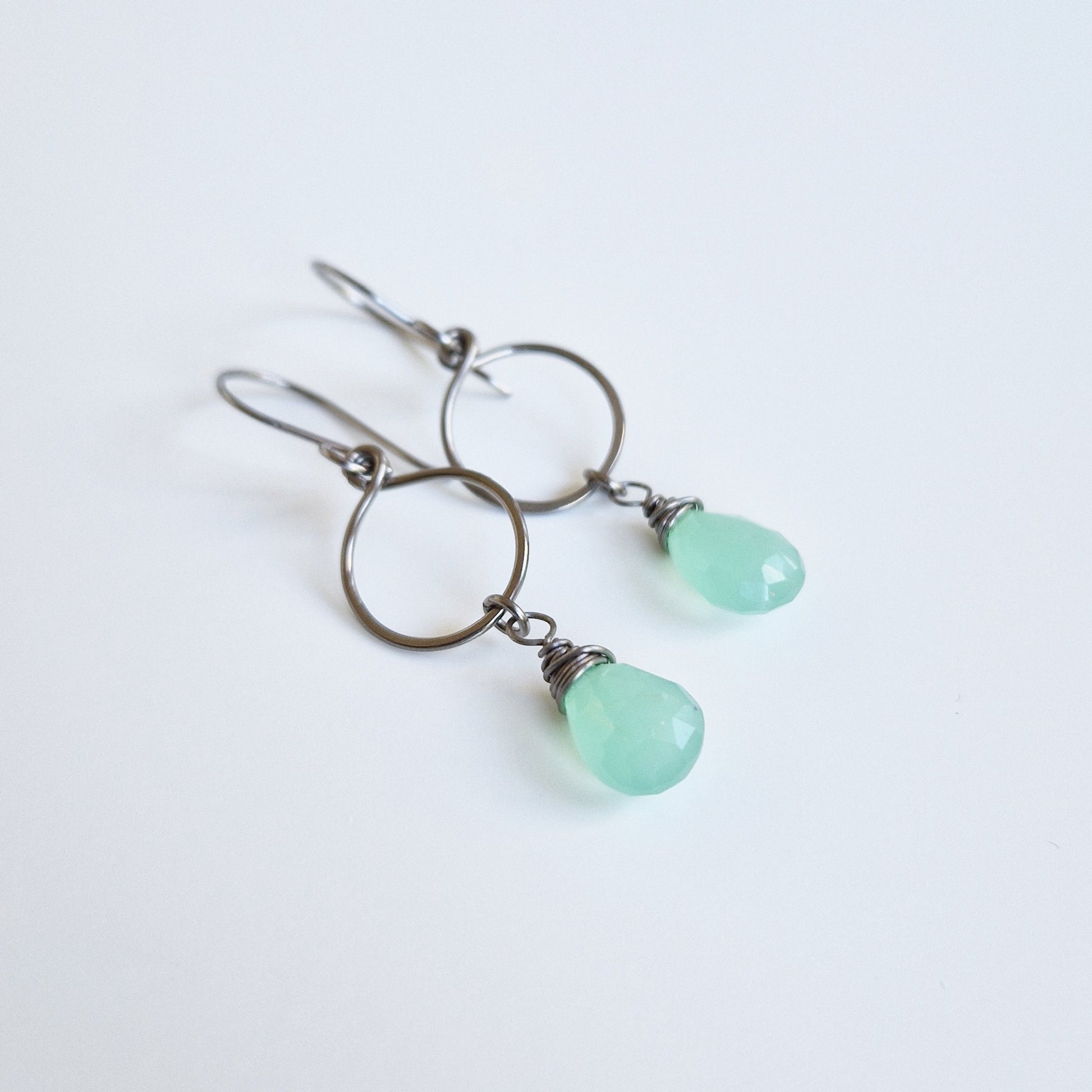 Mint Green Chalcedony Dangle Hoop Titanium Earrings