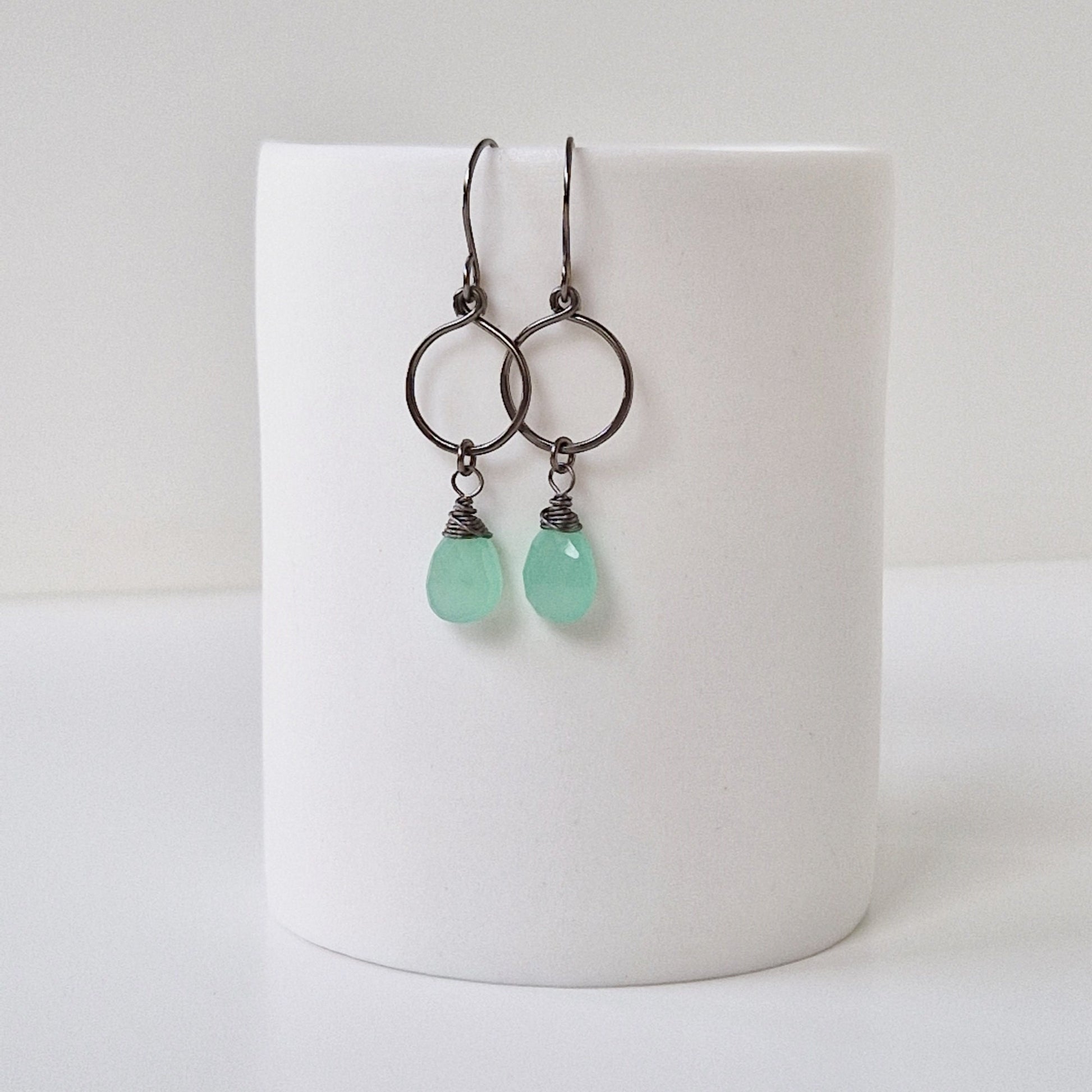 Mint Green Chalcedony Dangle Hoop Titanium Earrings