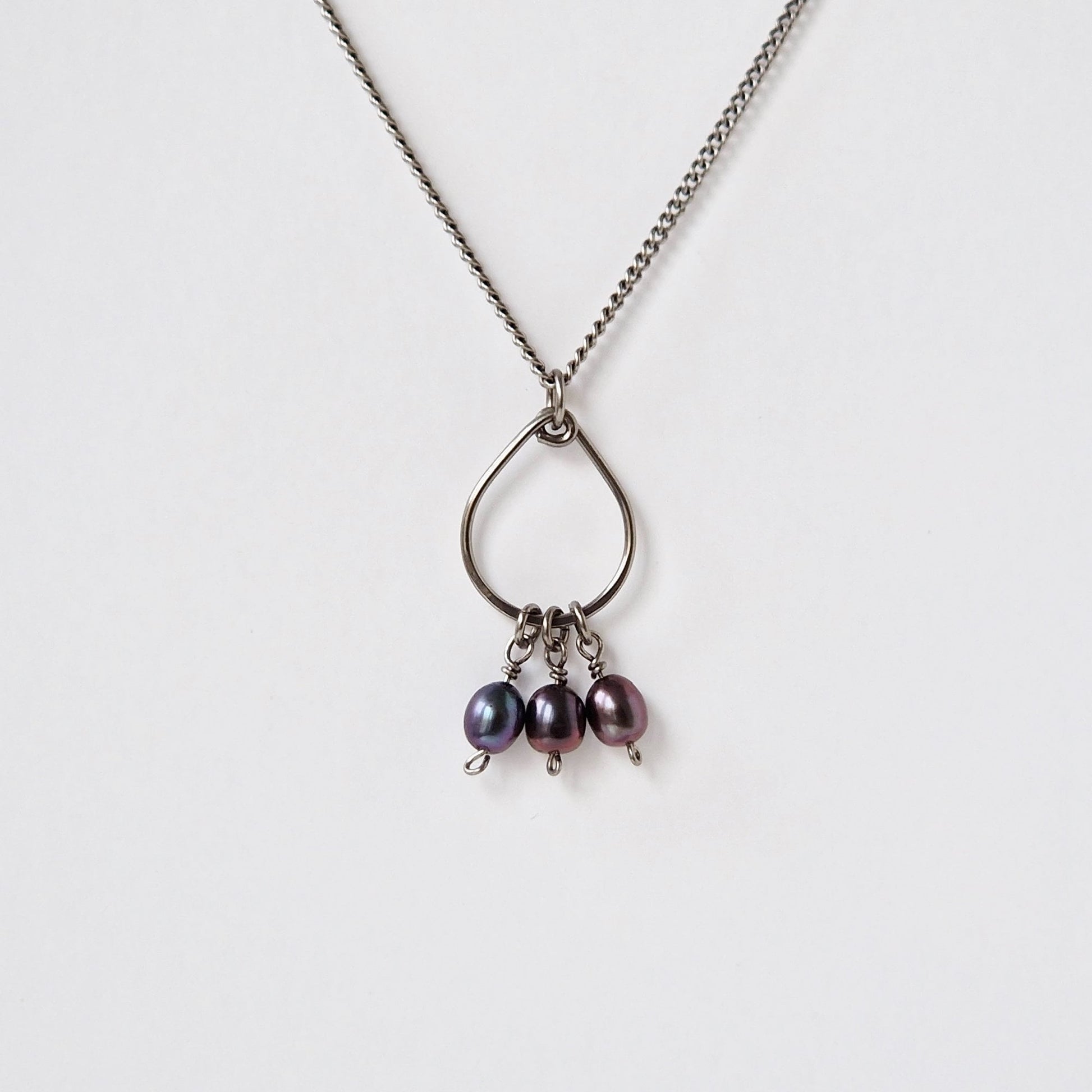 Titanium Teardrop Necklace with Black Pearls