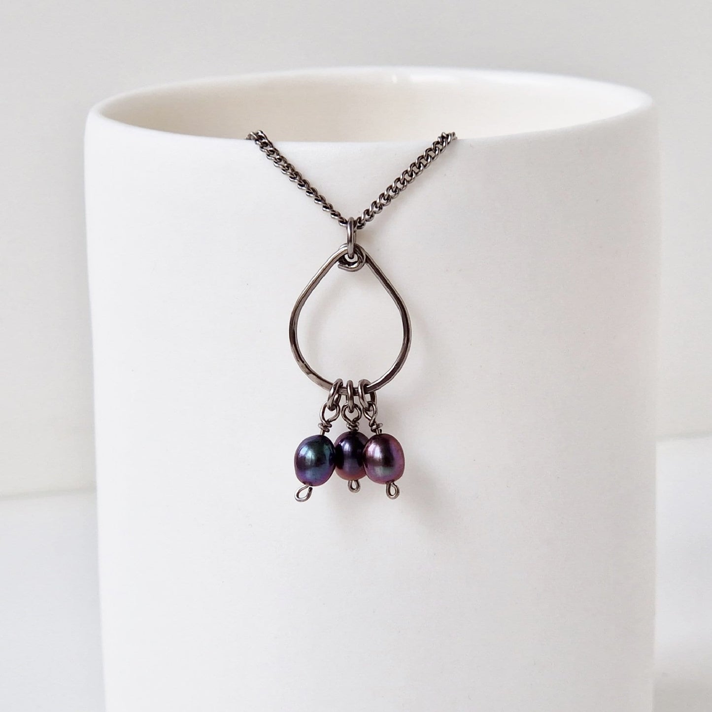 Titanium Teardrop Necklace with Black Pearls