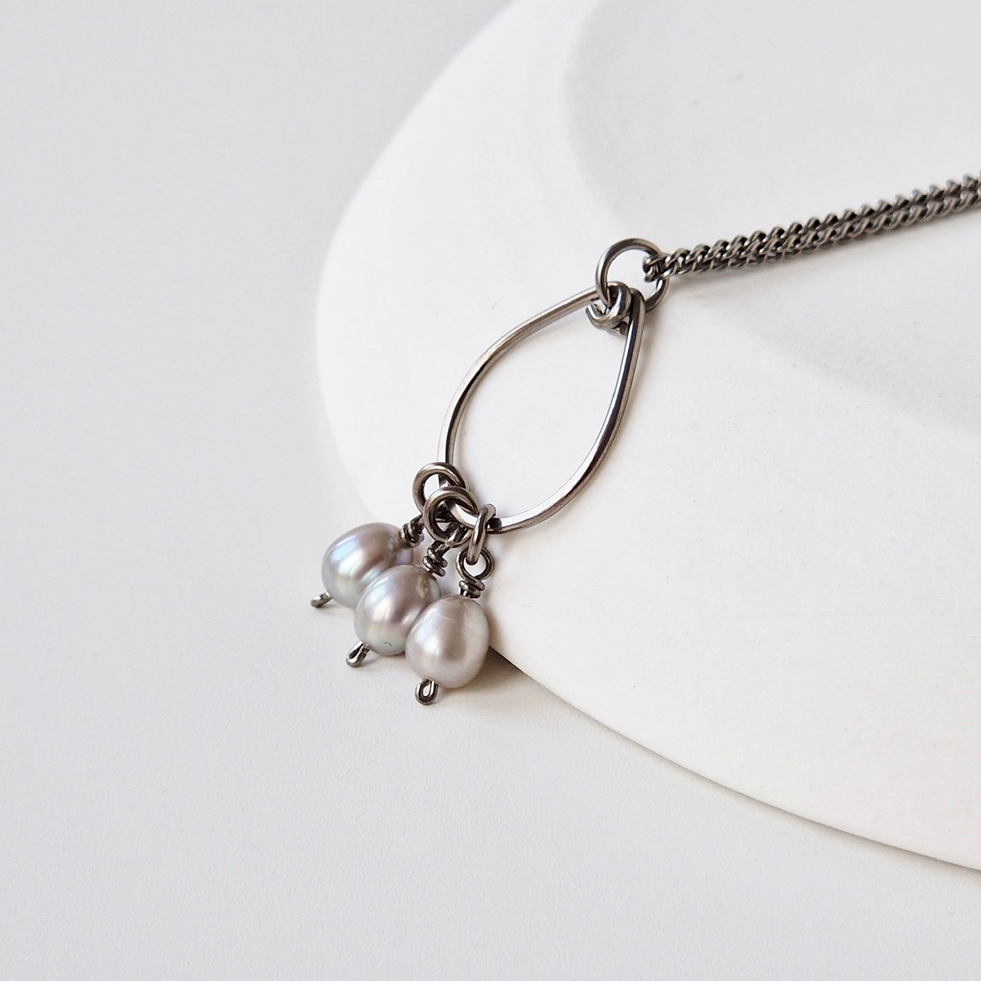 Titanium Teardrop Necklace with Gray Pearls