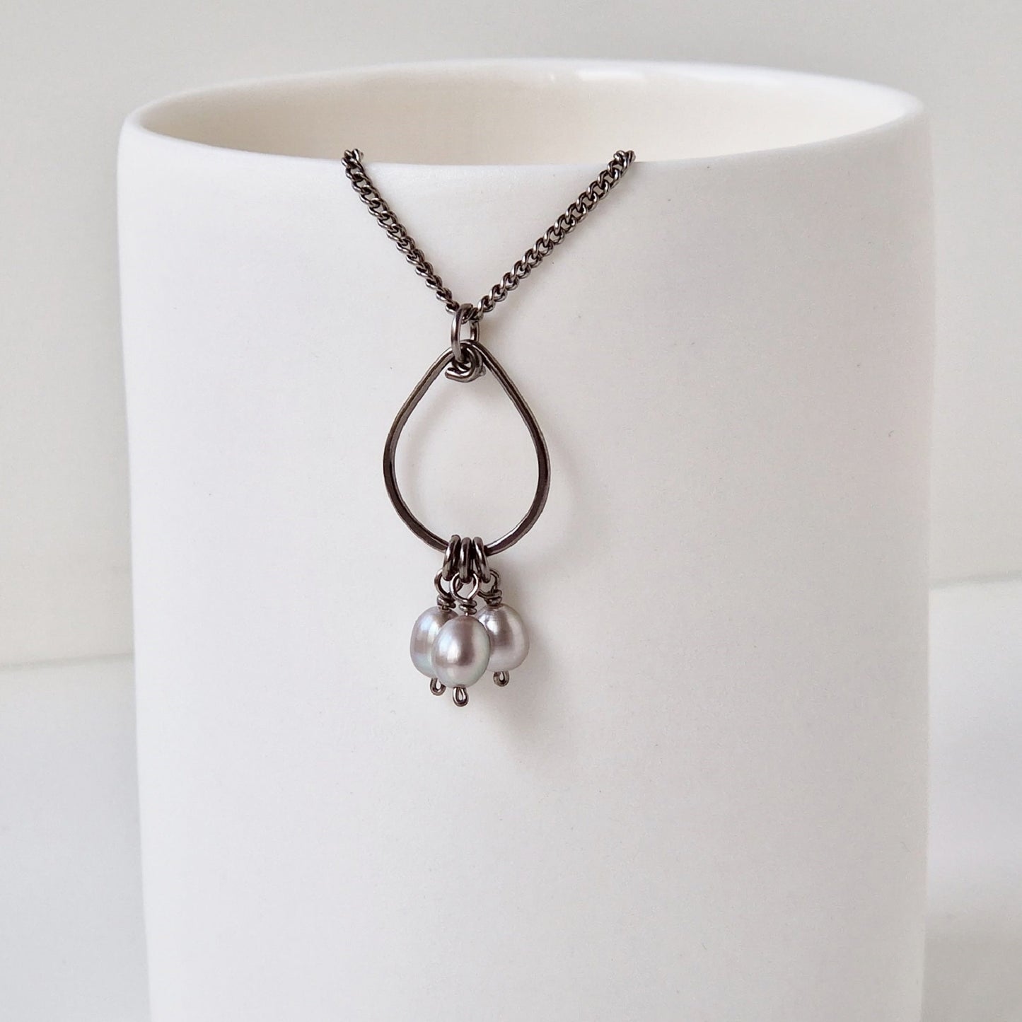 Titanium Teardrop Necklace with Gray Pearls