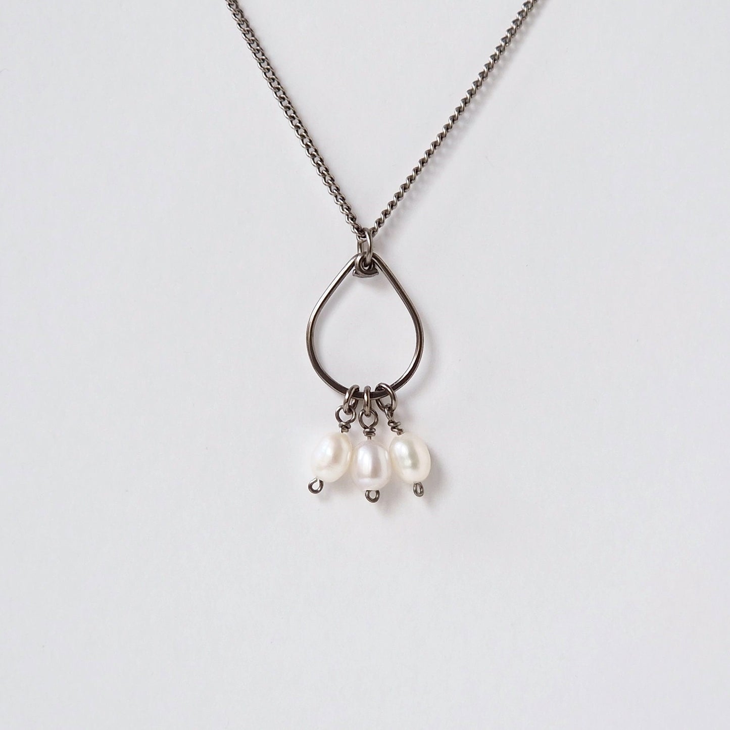 Titanium Teardrop Necklace with White Pearls