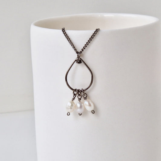 Titanium Teardrop Necklace with White Pearls
