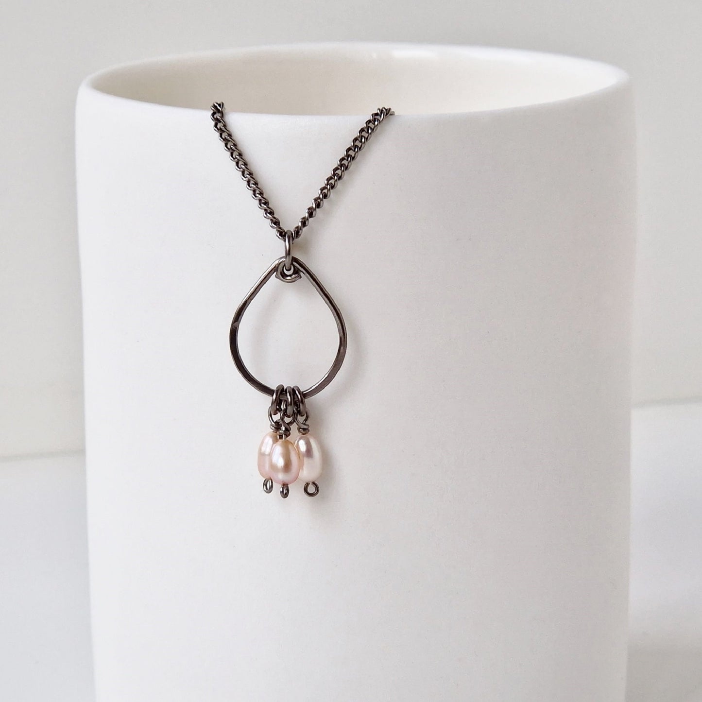 Titanium Teardrop Necklace with Pink Pearls