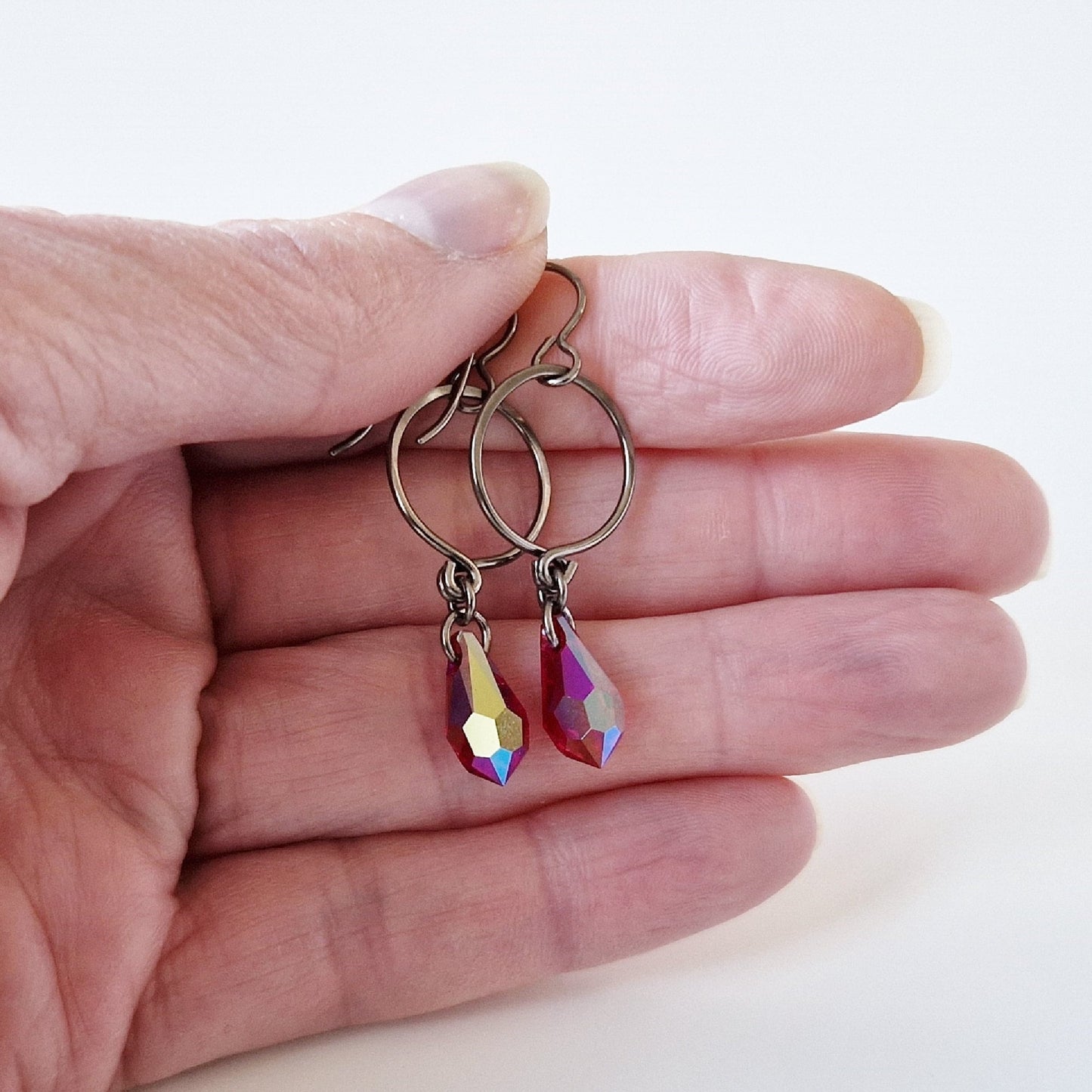Red Aurora Borealis Crystal Teardrop Titanium Earrings