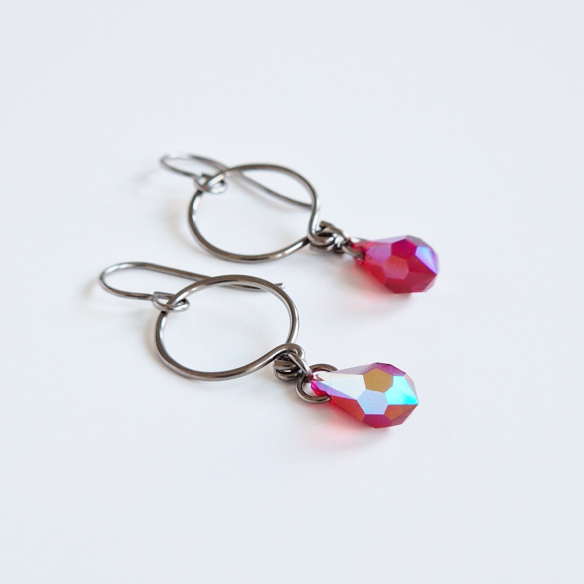 Red Aurora Borealis Crystal Teardrop Titanium Earrings